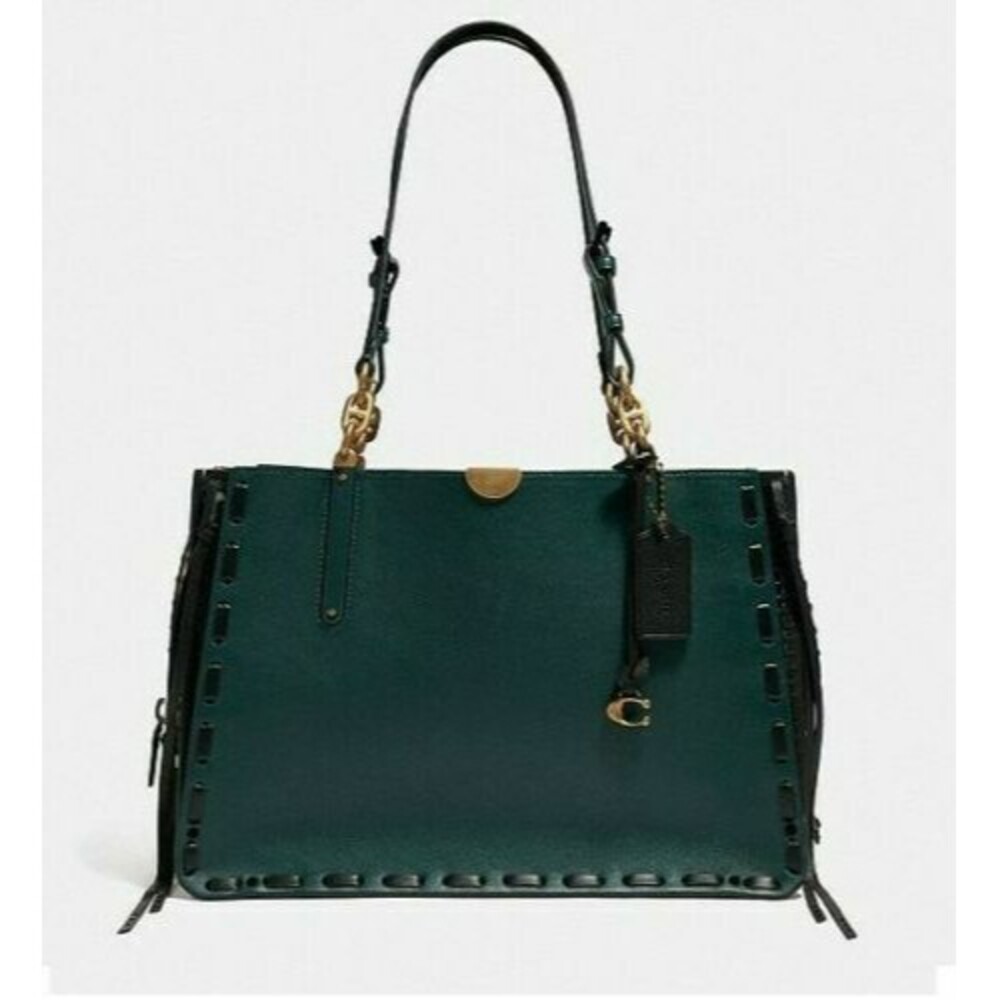 COACH 37391 Dreamer Tote 34 in Colorblock Evergreen whipstitch whiplash Rivets